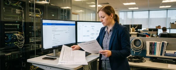 Un professionnel du droit vérifiant attentivement son navigateur web avant d'envoyer une lettre recommandée électronique depuis son bureau