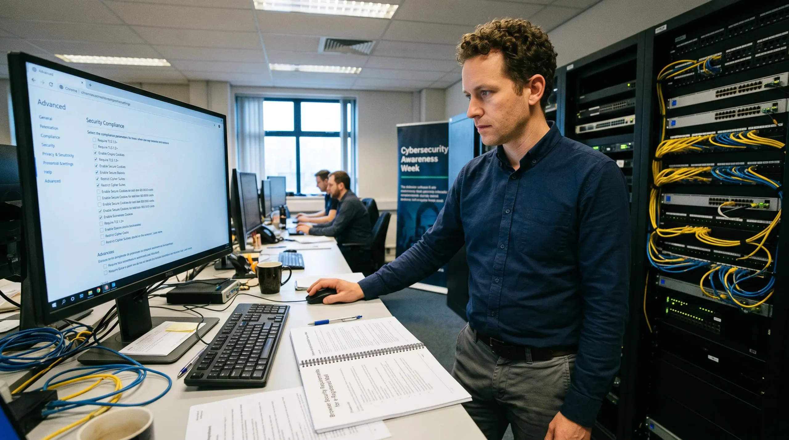 Un responsable informatique consultant la documentation technique des exigences de sécurité navigateur pour les envois de lettres recommandées électroniques